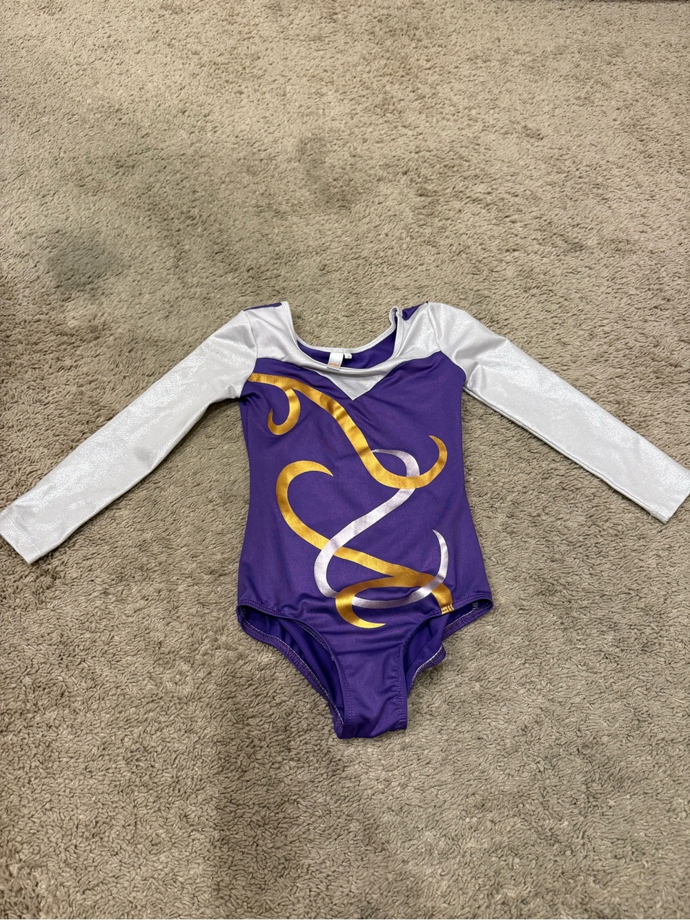 Girls Purple Gold Silver Long Sleeve Gymnastics Leotard Size 6 LSU Colors